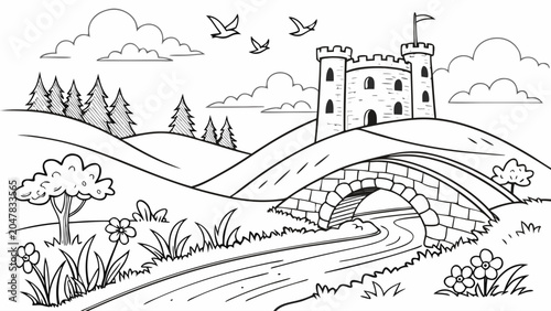 Black and white coloring page featuring medieval castle and landscape