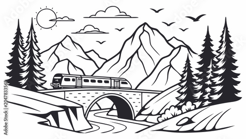 Mountain landscape with train crossing stone bridge illustration, mountain