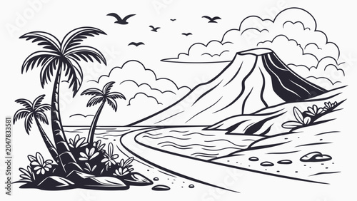 Volcanic tropical island landscape black and white line art with tropical