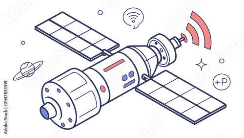 Satellite communication system in earth orbit isometric vector illustration