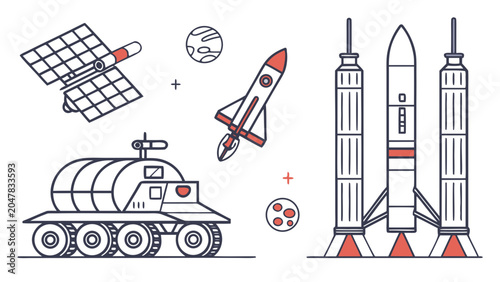 Space exploration set with rocket satellite rover planet line icons, satellite