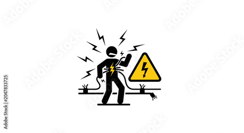 Foto Stick figure person experiencing electric shock from power cable.