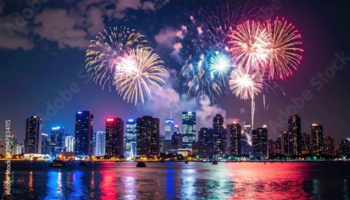 Spectacular Fireworks Display Illuminates City Skyline at Night.
