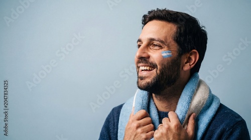 Argentinian football fan celebrating during World Cup match, passionate supporter cheering with crowd, national pride, soccer championship atmosphere, sports excitement