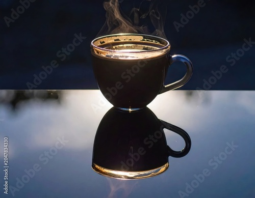 Steaming Hot Coffee Cup Reflecting on a Mirrored Surface.