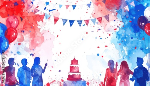 Vibrant Watercolor Celebration with Silhouettes and Festive Decorations.