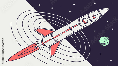 Graphic illustration of space rocket traveling through galaxy with astronomy
