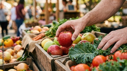 People shopping at a farmers market and selecting fresh fruits and vegetables during a sunny day in the afternoon