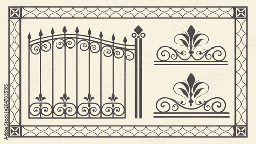 Wrought iron fence gate and ornamental scrollwork with scrollwork, ornament