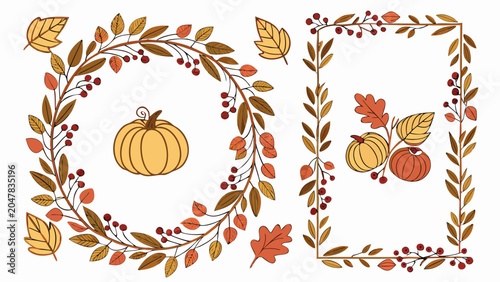 Autumn fall leaf wreath and frame border elements with seasonal, thanksgiving