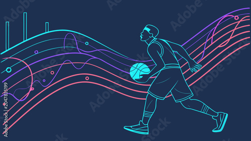Basketball player dribbling ball with dynamic neon energy waves, basketball
