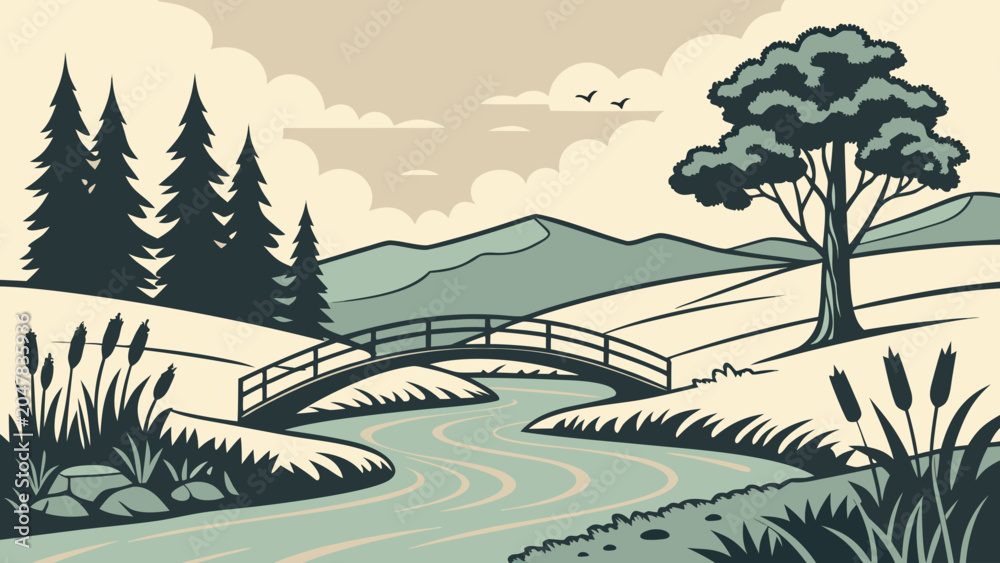 Obraz premium Natural landscape illustration with wooden bridge over river and mountains