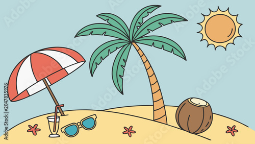 Summer beach scene illustration with palm tree coconut and sun, tropical