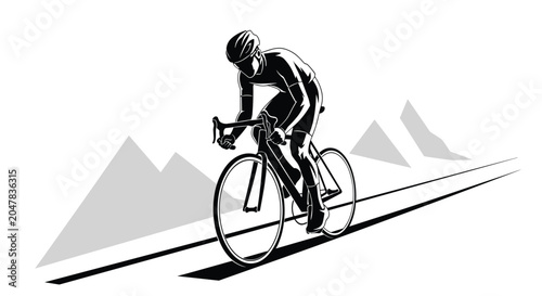 Silhouette of a determined road cyclist pedaling uphill on a long road against a backdrop of distant stylized mountain peaks.