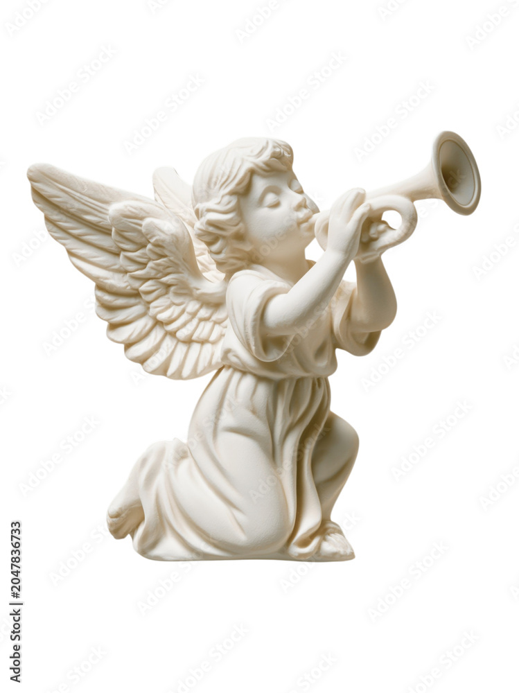 Fototapeta premium White angel playing trumpet isolated on transparent background PNG element