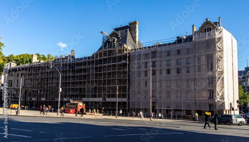 Extensive scaffolding envelops a historically significant building facade undergoing extensive renovation and restoration work in an urban setting.