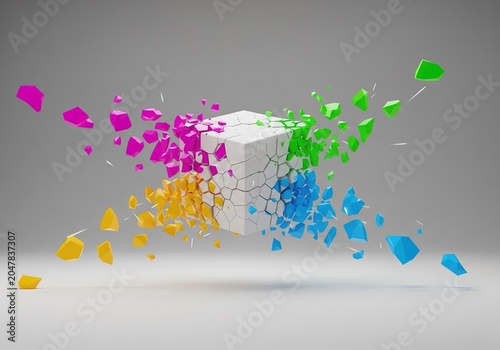 Abstract 3D Exploding Cube with Colorful Shattered Pieces on Gray Background