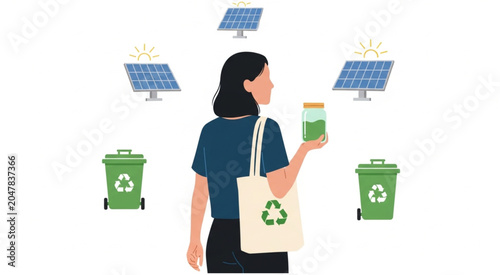 A woman holds a jar near recycling bins and solar panels