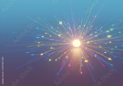 Abstract Digital Light Burst featuring Colorful Data Particles and Fiber Optics