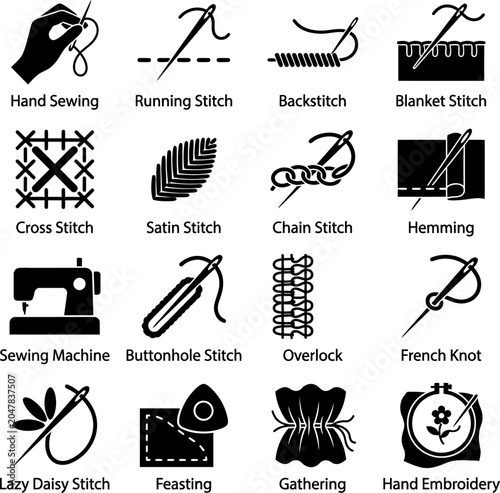 Collection of sewing stitch types and embroidery techniques icons in black silhouette style including running stitch backstitch chain stitch and blanket stitch.