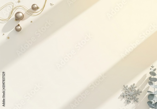 Elegant Minimalist Christmas Background with Gold Ornaments and Copy Space