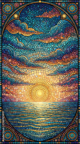 Dramatic seascape sunset with vibrant clouds over ocean horizon, designed in beautiful mosaic tile pattern and stained glass art style.