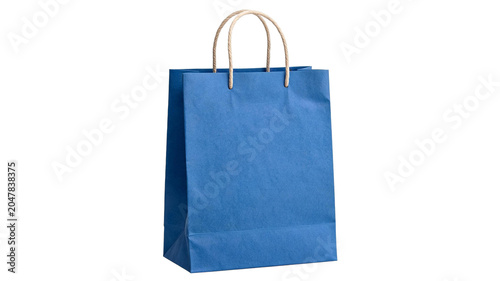Foto Empty blue paper shopping bag with twisted handles shopping container commerce p