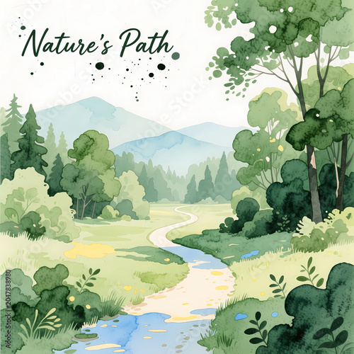 Cute watercolor style artistic illustration of a forest landscape with text: Nature's path