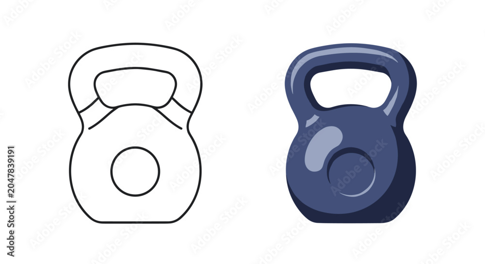 Fototapeta premium Comparison of a heavy kettlebell weight used for fitness training shown in both a simple line drawing and a solid blue colored illustration.