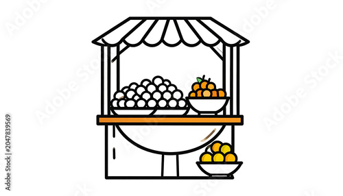 Street food stall with piles of round sweets and oranges, outline icon illustration of a simple market cart selling snacks, representing commerce and local business
