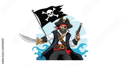 Brave pirate captain holding a cutlass and pistol standing defiantly against a background of tropical sea waves and a pirate flag.