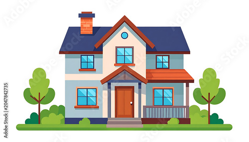 Stylized detached house with blue roof and orange accents, surrounded by green trees and bushes on a sunny day, vector illustration ideal for real estate or suburban life concepts