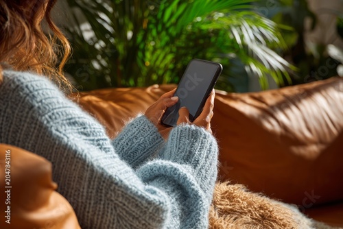 Person using smartphone on cozy leather couch with plants in background