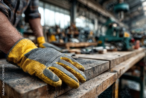 Worker wearing protective gloves in industrial workshop with tools and machinery