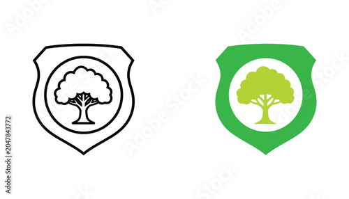 Photos Tree inside a shield emblem icon set featuring black outline and green flat desi
