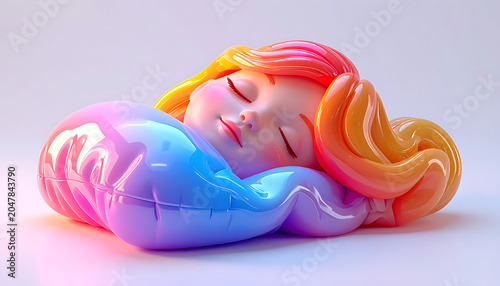 Stylized illustration of a sleeping baby with colorful hair and pastel inflatable bedding, conveying innocence and dreams