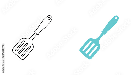 Foto Kitchen slotted spatula utensil icon set featuring minimalist outline and flat s