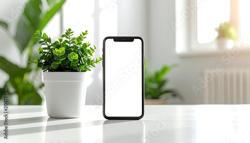 Smartphone with blank screen and small green plant on a white desk, indoor setting, bright natural light, copy space
