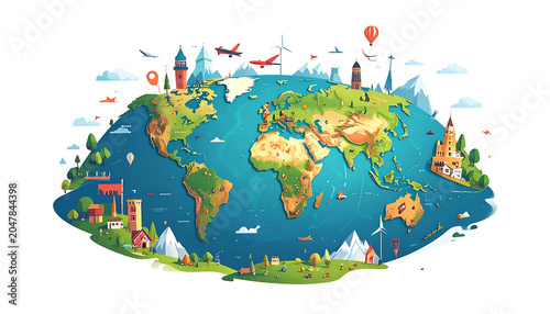 Stylized pixel art globe showcasing diverse global landscapes, landmarks, and transportation, ideal for travel and environmental concepts