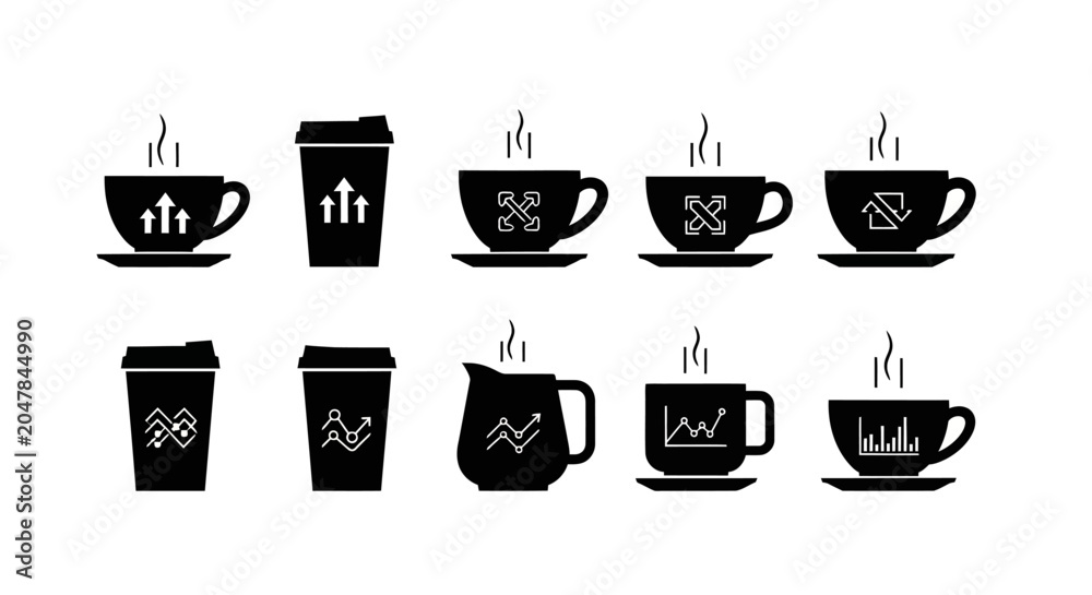Fototapeta premium Business coffee cup icons set with growth charts data analysis professional analytics strategy beverage symbols for corporate presentations and office work