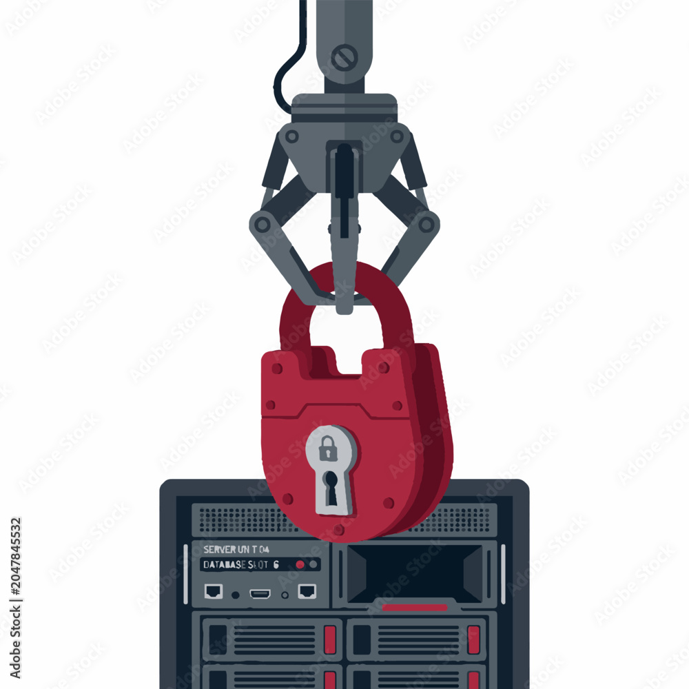 Naklejka premium Robotic claw holding a red padlock over a computer server rack representing data security and cyber protection.