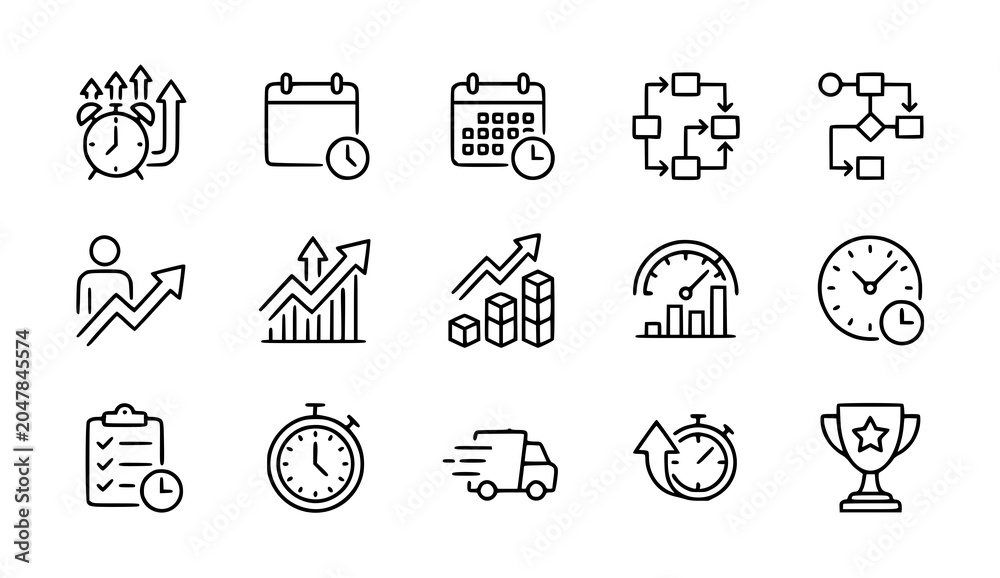Fototapeta premium Business management line icons set time growth and efficiency concepts