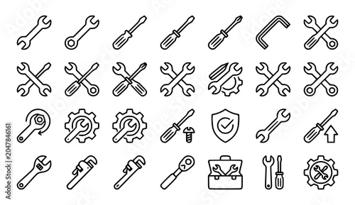 Black and white line art icons tools repair and mechanical equipment