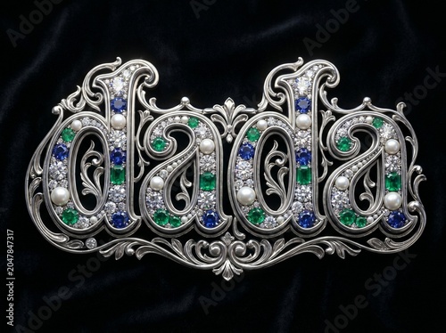 Ornate Silver Brooch with Dada Text Inlaid with Diamonds, Emeralds, and Sapphires
