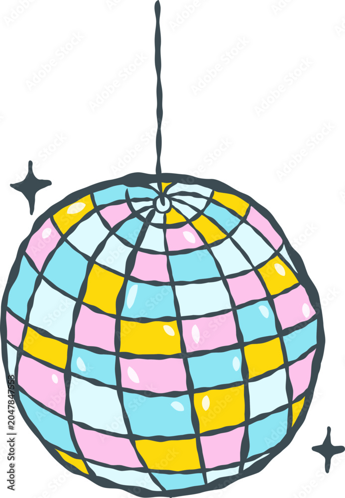 Obraz premium Colorful retro disco ball party sparkle mirror ball doodle playful hand drawn