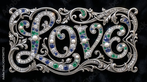 Elegant Silver Love Ornament with Green Gemstones on Black Background in Luxury Style