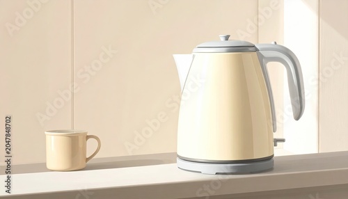 Modern Cream Electric Kettle and Matching Ceramic Mug on Kitchen Countertop with Soft Natural Sunlight and Minimalist Interior Design