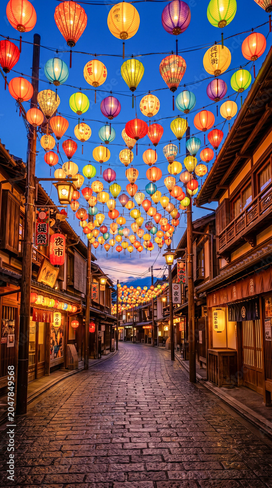 Obraz premium Farolillos decorativos iluminan una calle tradicional creando una atmósfera festiva y acogedora.