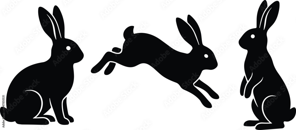 Obraz premium Rabbit silhouette vector illustration set featuring running sitting and standing cute bunnies isolated on white background