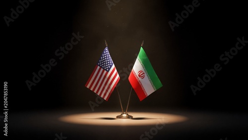 United states and iran flags on stands diplomatic relations concept